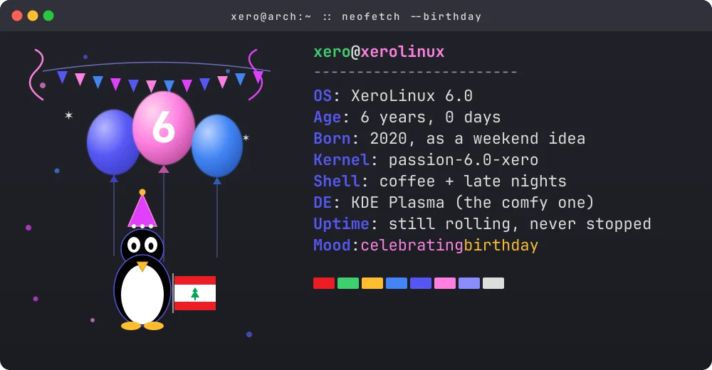 A neofetch readout celebrating six years of XeroLinux